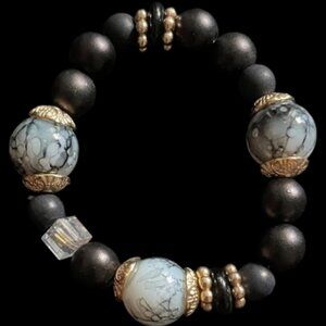 Elegant Black and Gold Beaded Bracelet 5.5” before stretch